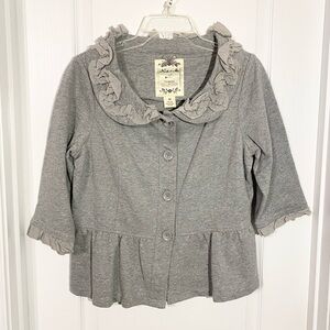 Nick & Mo Peplum Ruffle Trim Cotton Knit Cardigan Jacket Gray Medium